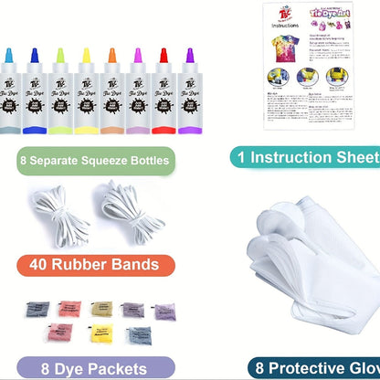 8-Color Tie Dye Kit for Kids & Adults – All-in-One DIY Fabric Dye Set with Squeeze Bottles Gloves Rubber Bands & Refill Packs, Tie-Dye Party Activity Gift 36+ Projects