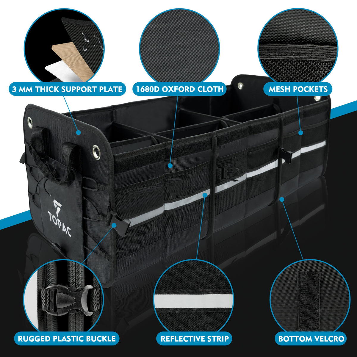 TOPAC Car Trunk Organizer with 3 Compartments with Cooler Bag, - Trunk Organizer, Foldable Trunk Organizer for SUVs & Sedans, Sturdy Car Organization for Car Accessories, Tools, Sundries, Black, 29.92*14.57*12.61"