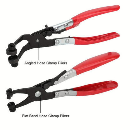 Hose Clamp Pliers Set 2-Piece - Angled Swivel Jaw Locking Pliers for Fuel, Coolant & Flat Band Hose Clamps, Manganese Steel, Anti-Slip Handle for Auto, Industrial & DIY Repair