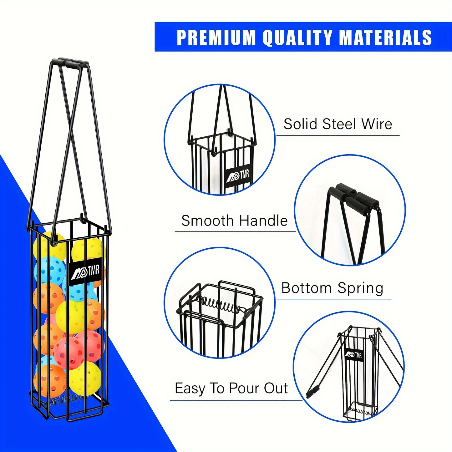 Pickleball & Tennis Ball Hopper Basket – Aluminum Alloy Ball Picker Upper with Handle, Portable Ball Collection Basket for Easy Court Pickup, Storage & Training Tool for Pickleball and Tennis (Black)