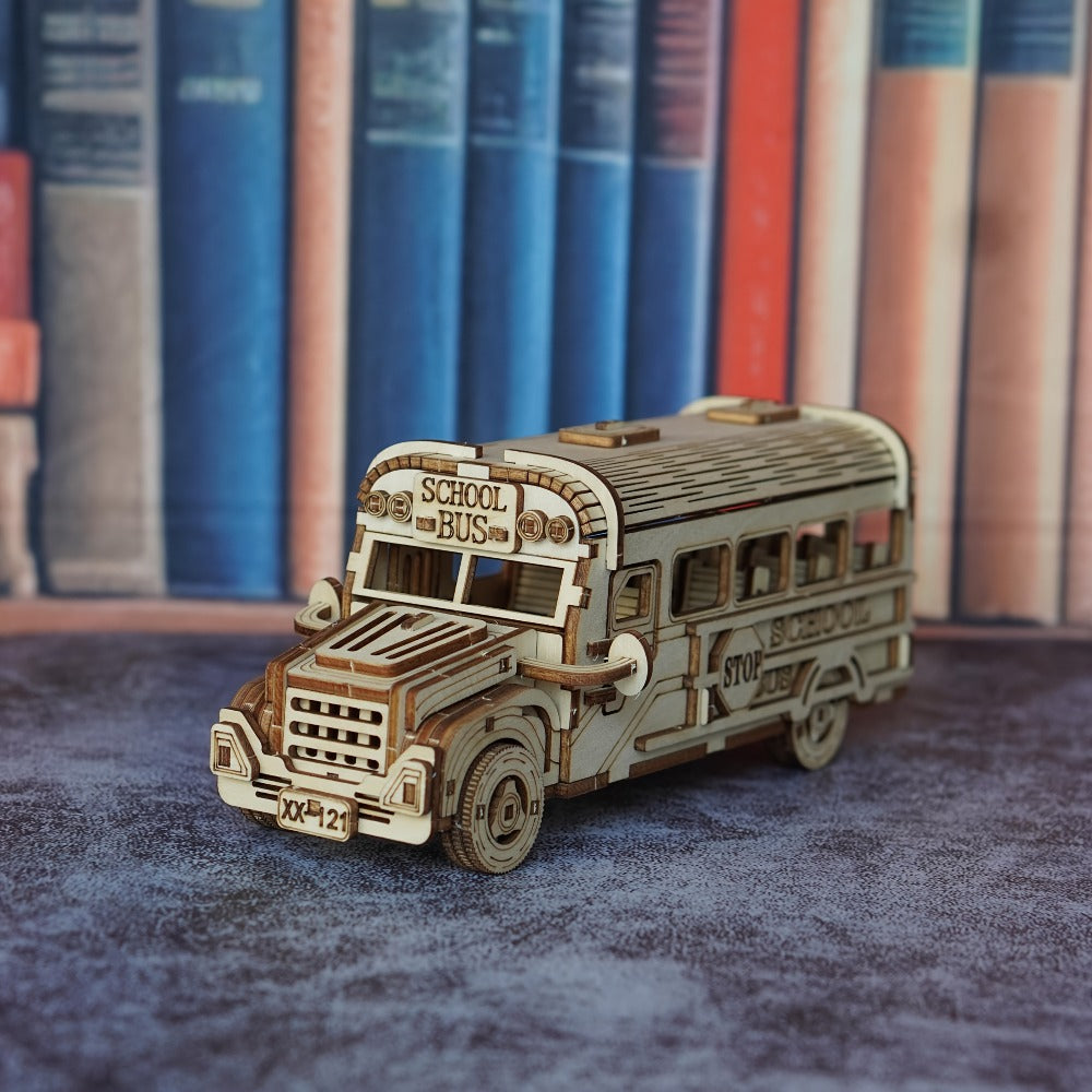 Wooden School Bus Model Kit DIY – American-Style 3D Puzzle with SCHOOL BUS Sign, Handmade Yellow Plywood STEM Craft Gift for Adults Teens Teachers Birthday Halloween Christmas