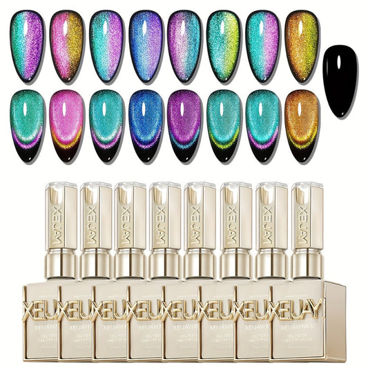 Magnetic Cat Eye Gel Nail Polish Set 8 Colors – Holographic Reflective Peacock Double-Light Effect, LED/UV Soak-Off Gel 0.51oz with Magnet Tool, Salon & Home Nail Art Gift Set for Women