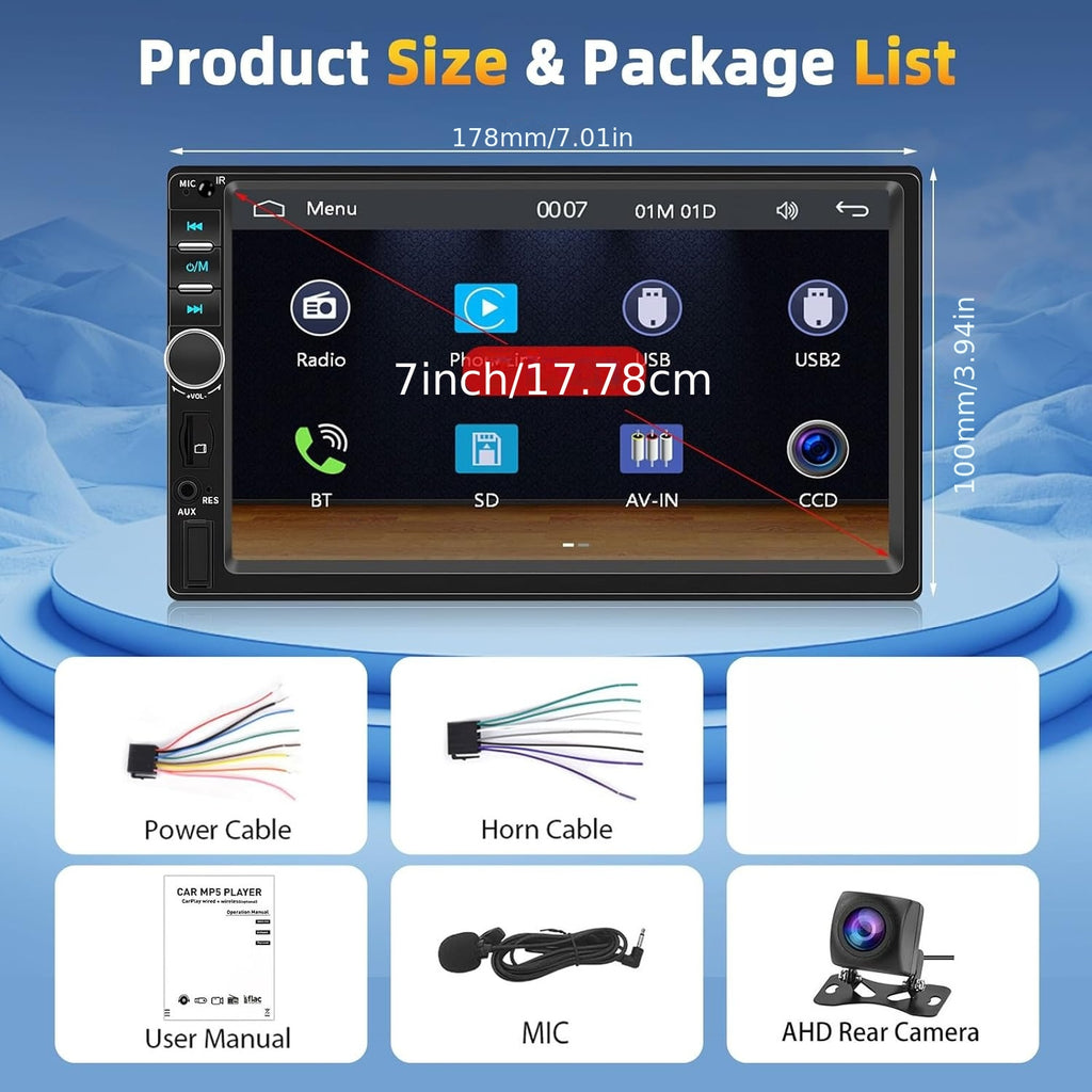 7" Double Din Car Stereo with Bluetooth 5.0, Touchscreen Universal Car Multimedia Player with Wired CarPlay & Android Auto, FM Radio, Rear View Camera Mic Support TF/USB