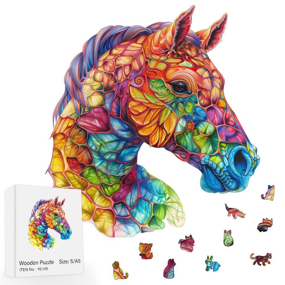 Wooden Jigsaw Puzzle Horse Design for Adults – Artistic Irregular Shaped Pieces in 3 Sizes S M L, Challenging Brain Teaser Puzzle for Families, Birthday Halloween Christmas Thanksgiving Gift, Premium Wood