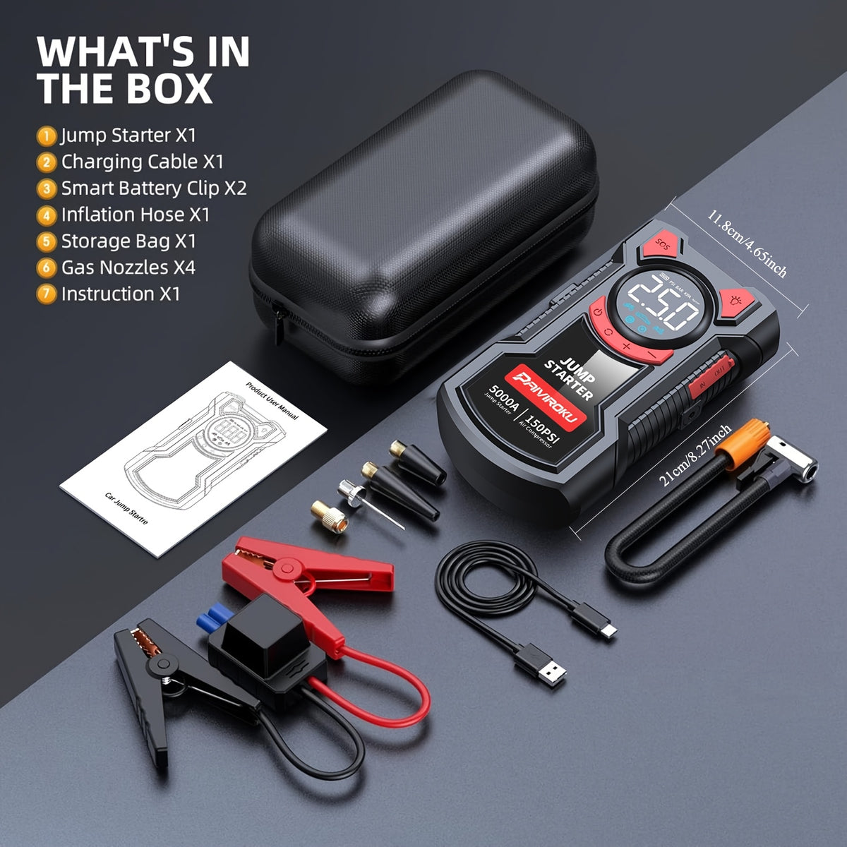 Jump Starter with Air Compressor, 150 PSI Car Air Compressor & 5000A Peak Car Jump Starter (2.64 Gallons Of Gasoline, 2.38 Gallons Of Diesel) with LED Light, Power Bank Function.
