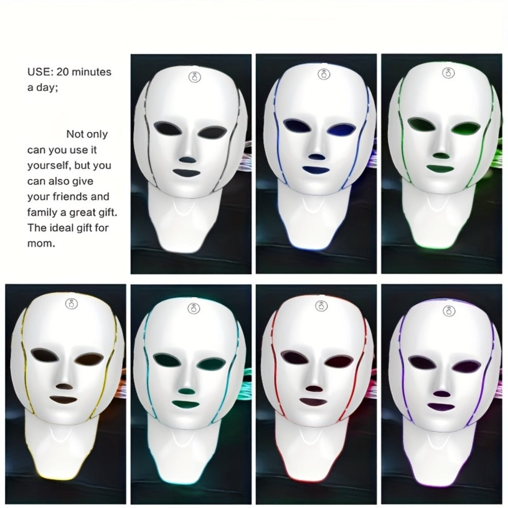 7-Color LED Light Therapy Facial Mask Device – Skincare Beauty Tool for Face & Neck, USB Rechargeable, Anti-Aging Red Light, Acne Blue Light, Skin Rejuvenation Gift