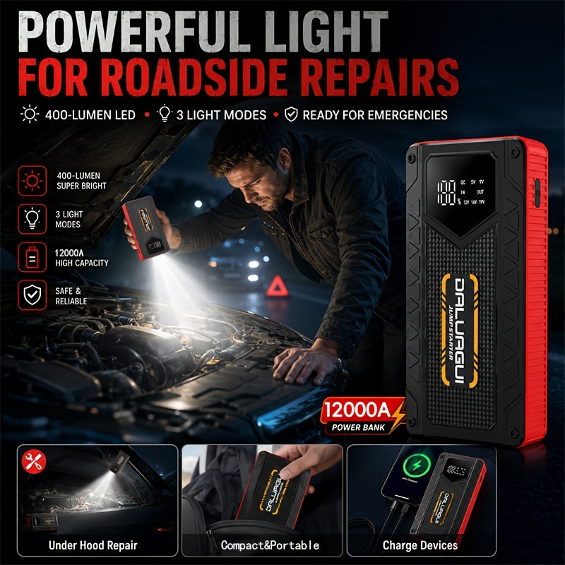 12000A Jump Starter With Digital Tire Inflator, Window Breaker Hammer, For 12V Car/Truck/SUV/RV/Motorcycle (1.59gal Gas/1.32gal Diesel), LED Display, 3-Mode Flashlight & Jumper Cables, High-Perf Pump, Emergency Kit, Outdoor Essential