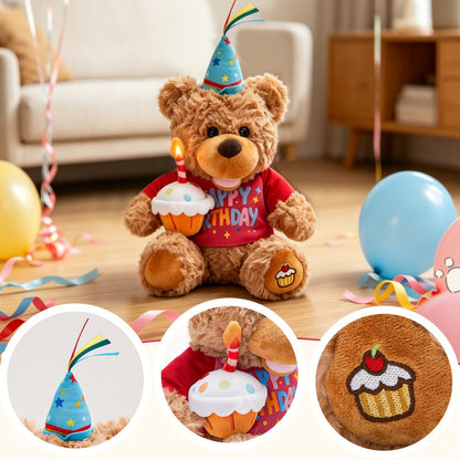 Singing Birthday Teddy Bear Plush Toy 13.5 Inch Interactive Stuffed Animal with Glowing Cupcake Candle Electric Music Bear Gift for Kids Girls Boys Baby Shower Christmas Holiday