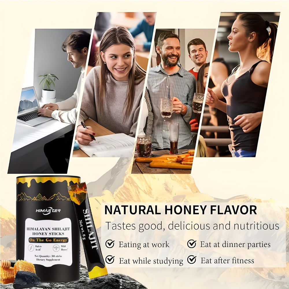 Shilajit Honey Sticks with Saffron, 85+ Trace Minerals & 75% Fulvic Acid – Natural Energy, Focus & Vitality Supplement for Women & Men, 30 Individually Wrapped Sticks