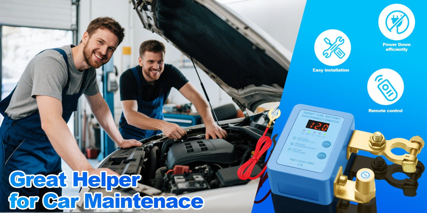 Car Battery Auto Power Off Switch with LED Voltage Display - 12V/24V Anti-Drain Protection, Low Voltage Alarm, 240A Remote Control Battery Disconnect