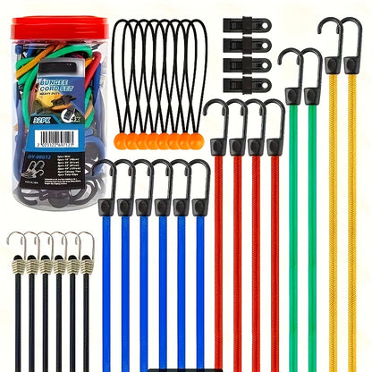 32pcs Premium Elastic Cord SetIt Includes Heavy-duty Outdoor Elastic Cords In 10-inch, 18-inch, 24-inch, And 40-inch Lengths, 4 Sunshade Clips, And 6 Small Spherical Elastic Cords.