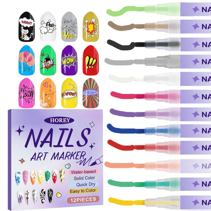 Nail Art Pens Set 12Pcs 0.5mm Ultra-Fine Tip Round Head Brush for DIY Nail Designs - Detailed Line Drawing & Nail Decoration Tools for Beginners and Professionals