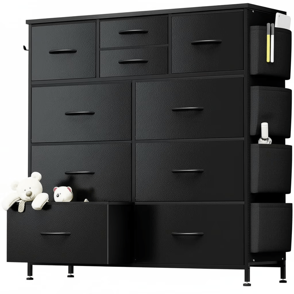 Dresser shown in the 10 Drawers(Side Pockets) - Black option