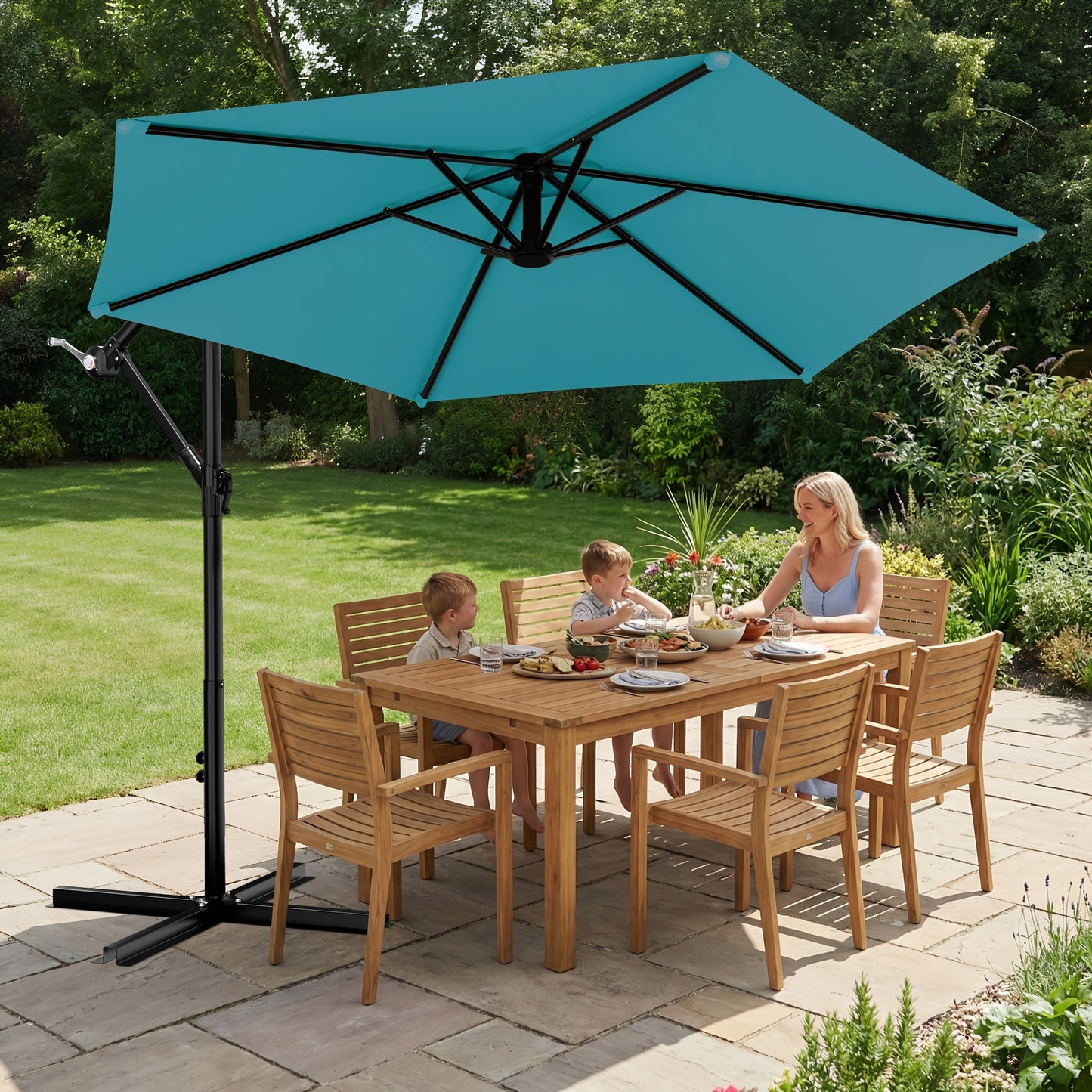 Cantilever Patio Umbrella shown in the Lake Blue option