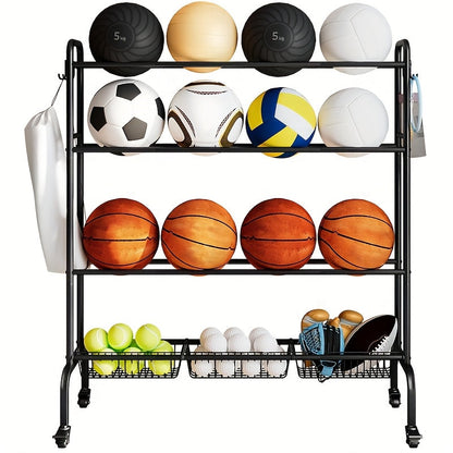 Sports Equipment Storage Rack with Wheels – 4-Tier Ball Rack for Basketball Soccer Volleyball with Hooks & Rolling Casters for Gym Garage