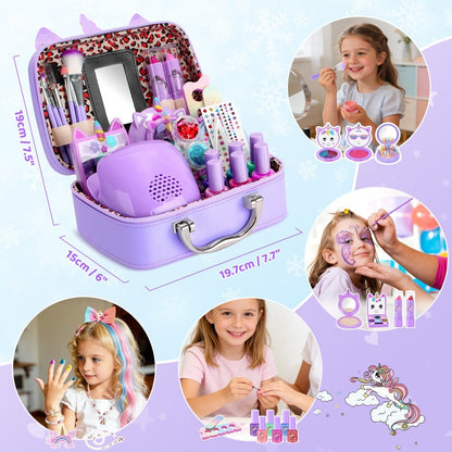 Kids Makeup Set for Girls – 2-in-1 Princess Makeup & Nail Art Kit, Washable Non-Toxic Pretend Play Cosmetics with Nail Polish, Eyeshadow, Lipstick & Accessories, Birthday Gift for Girls Ages 3+