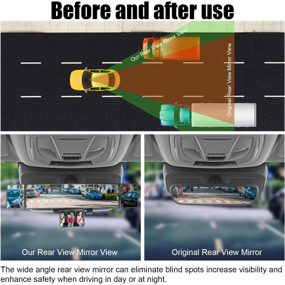 Interior Rearview Mirror 13 Inch – Quadruple-Fold Adjustable Wide Angle Car Mirror with 360° Swivel, Flat Lens, Enhanced Visibility for Safe Driving