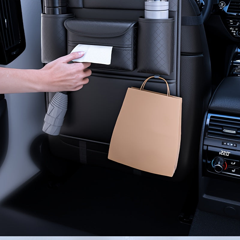 Ling Grid Backrest Storage Bag: Large Capacity, PU Leather, Car Seat Organizer