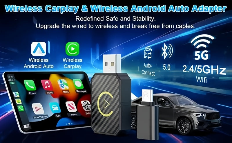 2025 Two-In-One Mini Wireless Carplay And Wireless Android Auto Adapter for Iphone/Android, Carplay Wireless Dongle Plug And Play Low Latency Converts Wired to Wireless Carplay for Cars 2016+, USB/USB-C, Without Battery