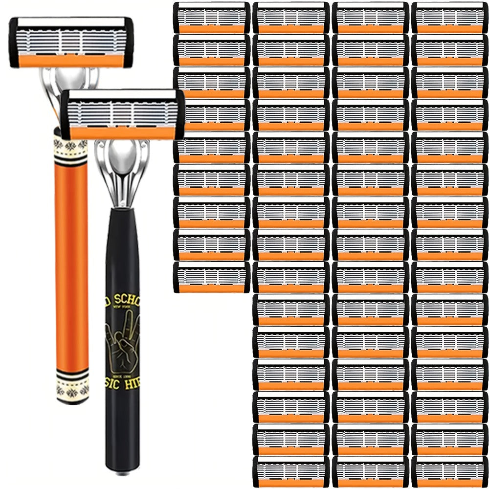 Double Edge Safety Razor Set for Men with 2 Handles & Stainless Steel Replacement Blades — Barber-Quality Close Shave Manual Shaving Kit, Reusable Eco-Friendly Razor, 24/36/54/72 Blade Options