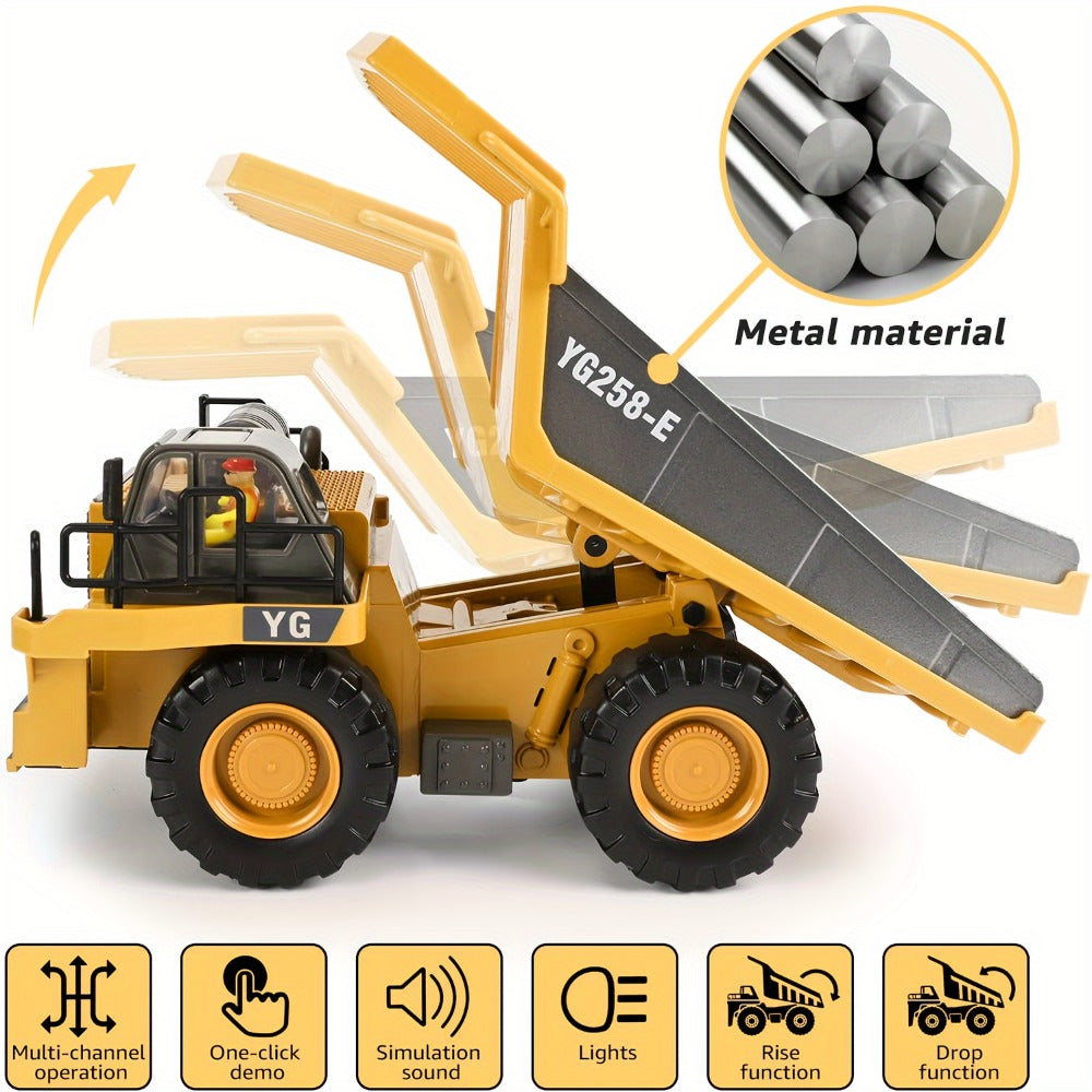 RC Construction Truck Toy 1:24 Scale Alloy Bulldozer Dump Truck & Excavator – 11-Channel Remote Control with Forward, Backward, Turning & Sound, Indoor Outdoor RC Toy Gift for Boys Girls