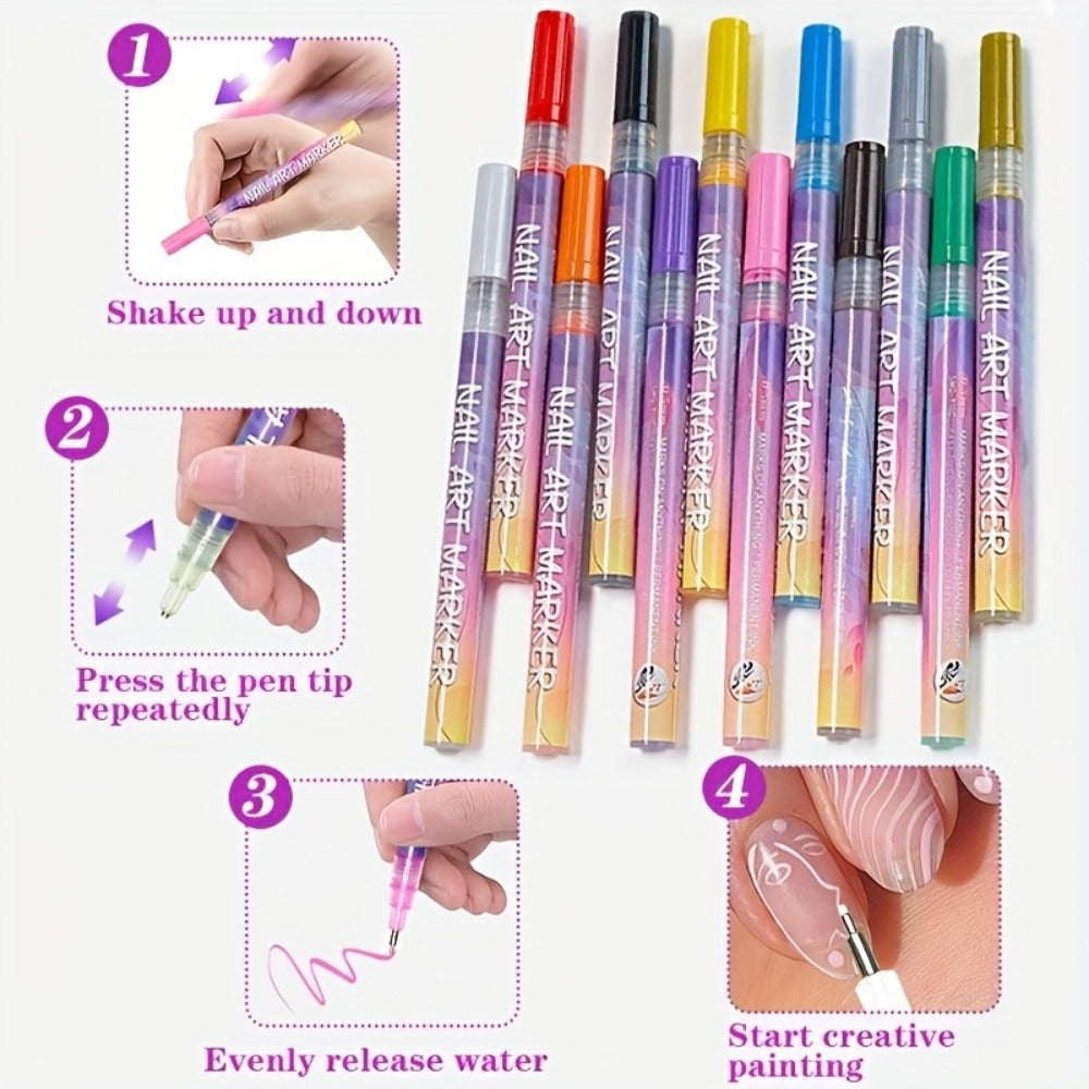Acrylic Nail Art Pen Set 12 Colors 3D Doodle & Dot Stitching Pens – Quick Drying Precision Fine Tip for Professional Home Salon Nail Design, Long Lasting Vibrant Pigment