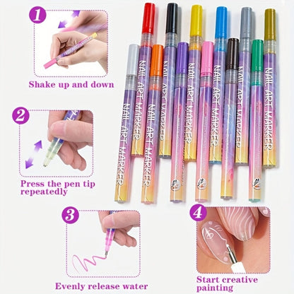 Acrylic Nail Art Pen Set 12 Colors 3D Doodle & Dot Stitching Pens – Quick Drying Precision Fine Tip for Professional Home Salon Nail Design, Long Lasting Vibrant Pigment