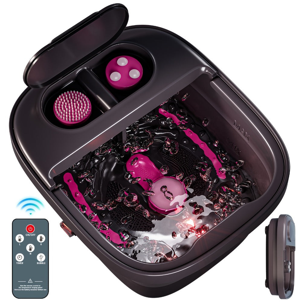 Collapsible Foot Spa Bath with Heat Bubble Massager & Remote Temperature Control - 3 Pedicure Attachments Foldable Foot Soak Tub with Handle for Home Relaxation Pedicure, Gift for Women, Rose Red