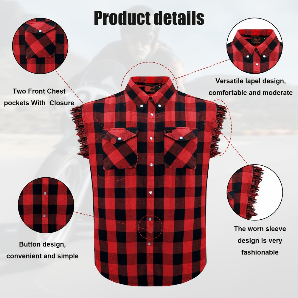 Men's Plaid Sleeveless Shirt with Fringe Hem, Checkered Cotton Button-Up Vest Top, Crew Neck Regular Fit for Streetwear Beach Vacation, Sizes M-XXXXL, Multi-Color