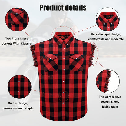 Men's Plaid Sleeveless Shirt with Fringe Hem, Checkered Cotton Button-Up Vest Top, Crew Neck Regular Fit for Streetwear Beach Vacation, Sizes M-XXXXL, Multi-Color
