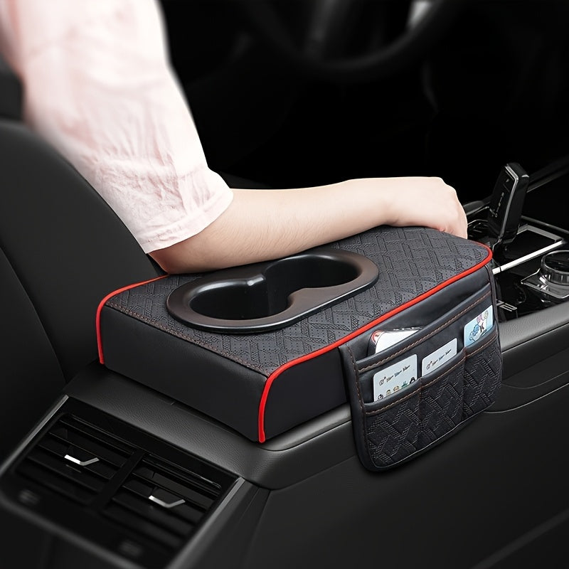 Universal Car Armrest Box Cover, PU Leather Center Console Mat with 2 Side Pockets + 2 Cup Holders, Multi-Functional Storage for Phone/Water Bottle/Cards, Fits Most Car Models, Tissue Box Replacement 3pcs Set-1