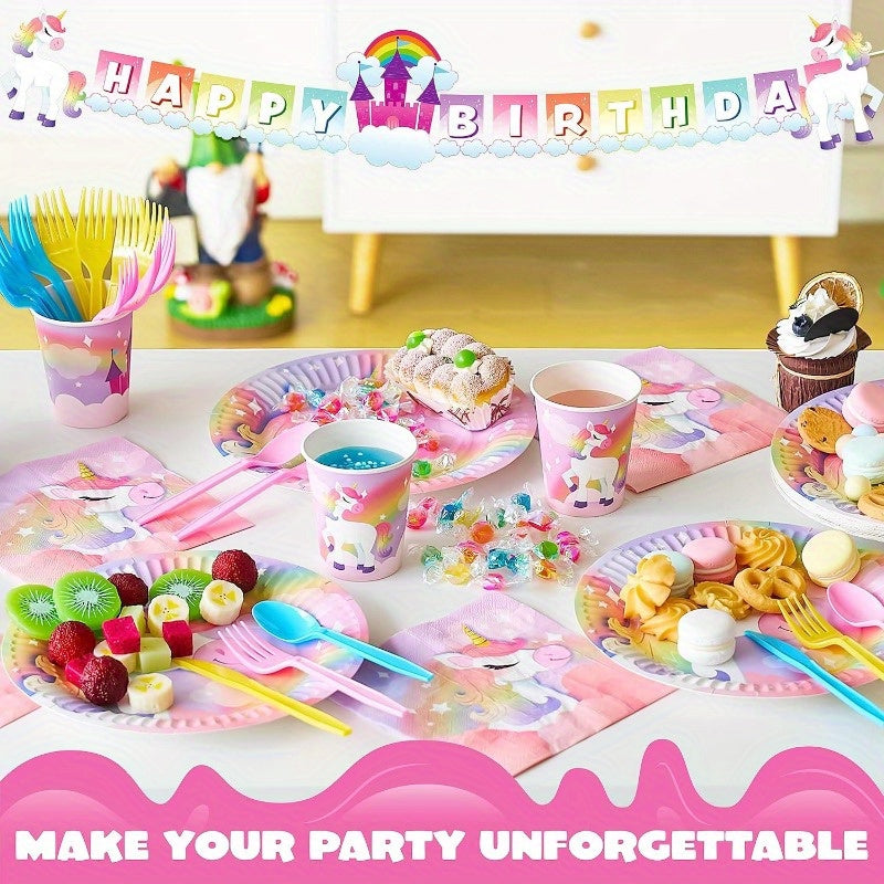 Unicorn Party Supplies 145 Pcs for 24 Guests – Disposable Tableware Set with Plates Cups Napkins Cutlery & Happy Birthday Banner for Unicorn Theme Birthday Party Decorations & Celebrations