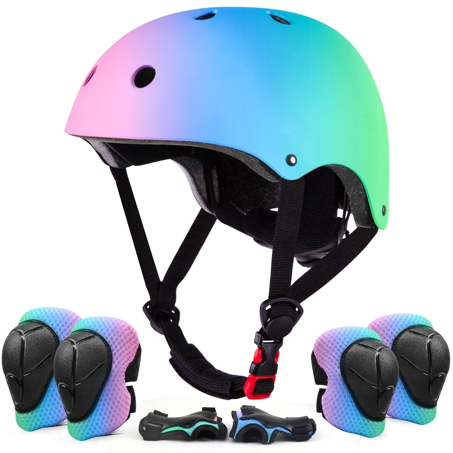 Kids Gradient Color Bike Helmet & Protective Gear Set for Ages 5+ Boys Girls Lightweight Helmet Knee Elbow Pads for Cycling Skating Scooter Sports Safety Gift