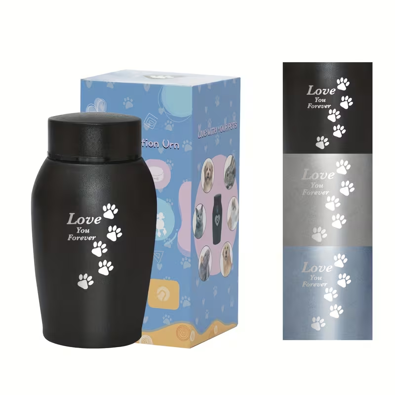 Pet Cremation Urn Stainless Steel Paw Print with Love You Forever Inscription, Secure Seal Large Ash Keepsake Box for Dogs Cats Up to 50lbs, Funeral Home Display Memorial Gift, Black Gray Blue