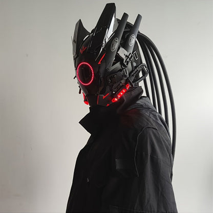 LED Punk Mask with Tubular Braids & Helmet – Futuristic Sci-Fi Mechanical Cosplay Mask for Halloween, Rave Music Festival & Party, Blue Green Pink, Handmade TPU PC Unisex Adult Costume Prop