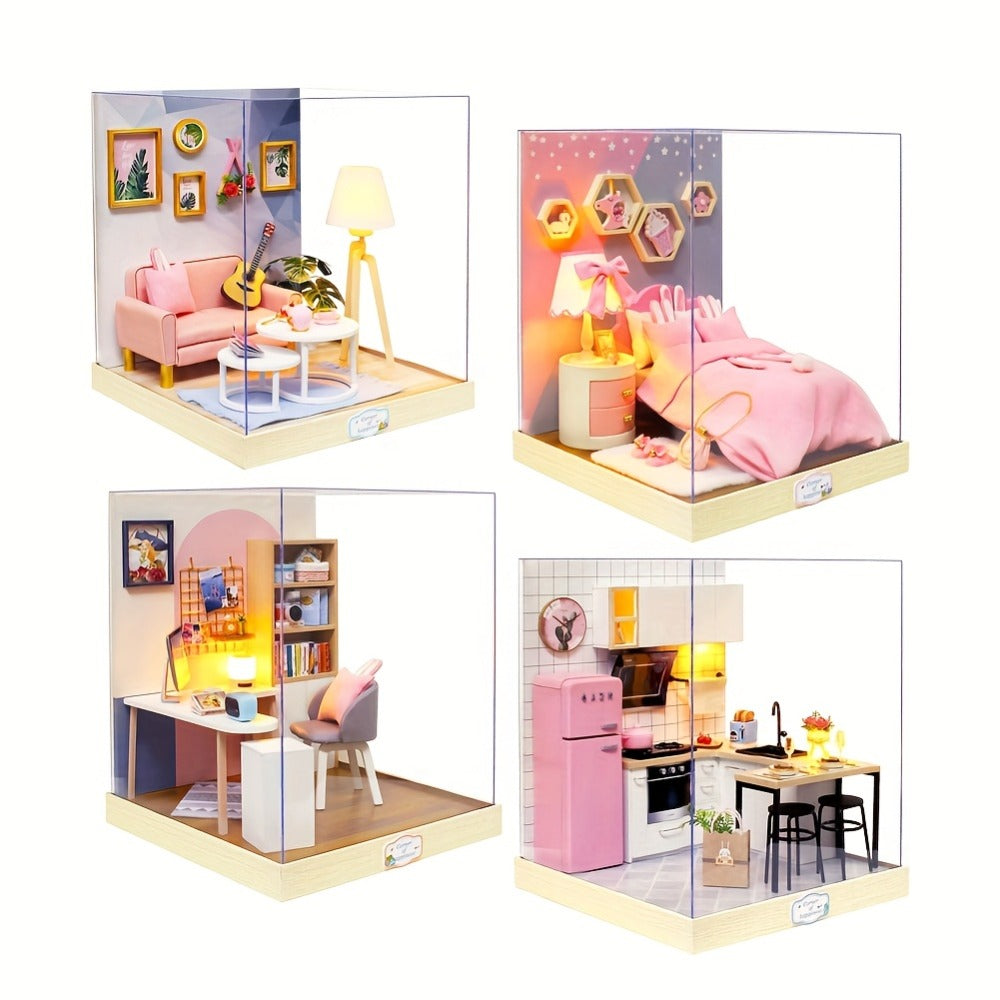 DIY Miniature Dollhouse Kit with Dust Cover Small – Mini House Model No Glue No Batteries, 4 Styles Tea Time Flavor Life Heartbeat Creativity World, Room Desk Decor Birthday Gift for Teens & Adults