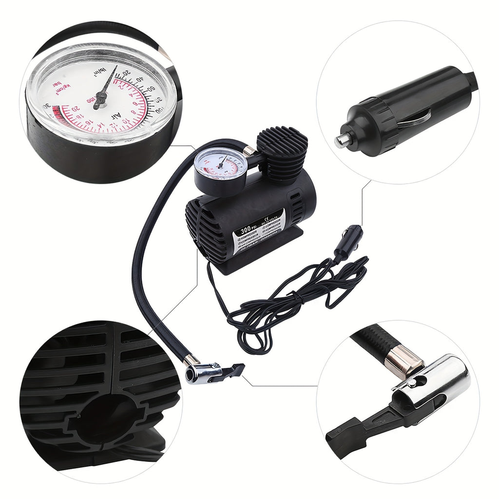 1 Unit of a Compact Air Compressor Pump, 12V 300 PSI, Designed for Inflating Tires of Cars, Bikes, Balls, And Motorcycles While for on The Move, Without Battery
