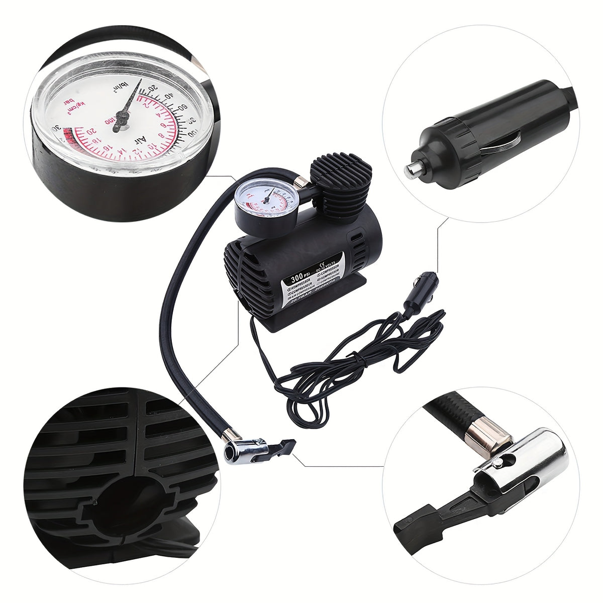 1 Unit of a Compact Air Compressor Pump, 12V 300 PSI, Designed for Inflating Tires of Cars, Bikes, Balls, And Motorcycles While for on The Move, Without Battery