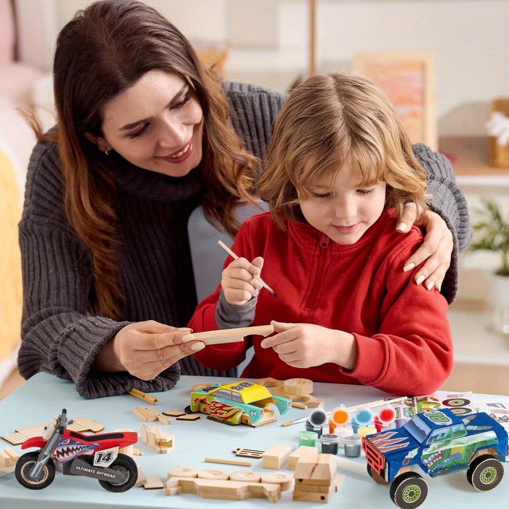 Build and Paint Wooden Vehicle Kit for Kids 144 Pieces – Race Car Motorcycle Monster Truck, 12 Colors 3 Brushes Racing Decals, STEM Craft Gift for Boys Ages 6 7 8 9 10