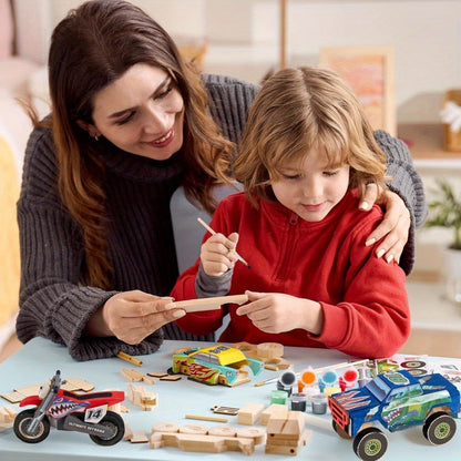 Build and Paint Wooden Vehicle Kit for Kids 144 Pieces – Race Car Motorcycle Monster Truck, 12 Colors 3 Brushes Racing Decals, STEM Craft Gift for Boys Ages 6 7 8 9 10