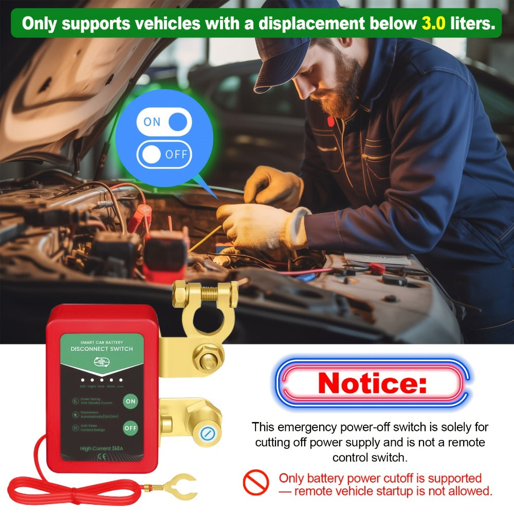 Car Battery Auto Power Off Switch with LED Voltage Display - 12V/24V Anti-Drain Protection, Low Voltage Alarm, 240A Remote Control Battery Disconnect