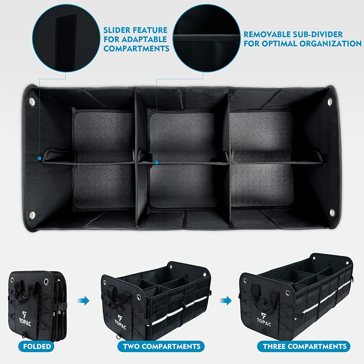 TOPAC Car Trunk Organizer with 3 Compartments with Cooler Bag, - Trunk Organizer, Foldable Trunk Organizer for SUVs & Sedans, Sturdy Car Organization for Car Accessories, Tools, Sundries, Black, 29.92*14.57*12.61"