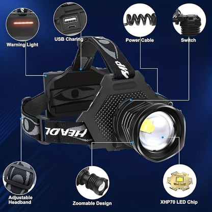 LED Headlamp 1700LM XHP-70 Aluminum Alloy with 6000mAh Rechargeable Battery – 3 Modes Adjustable Spotlight Floodlight Head Lamp for Camping Hiking Hunting Fishing Outdoor Adventure