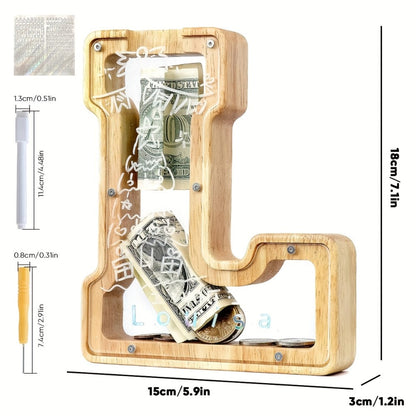 Alphabet Wooden Money Bank for Adults A to Z Letter Piggy Bank – Personalized Coin Bank Home Decor Craft Art Decoration, Ideal Gift for Ages 14 and Up