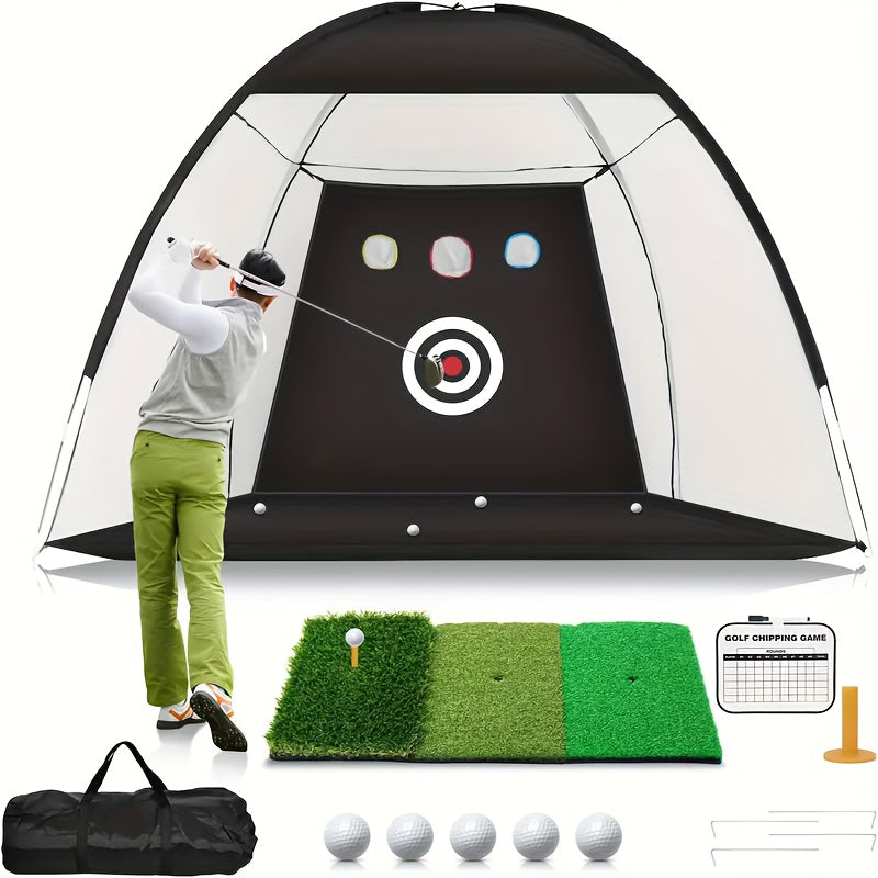 Golf Practice Net Set 10x7ft – Tri-Turf Mat, Target Design, 5 Balls, Tees & Storage Bag | Backyard Golf Training Net for Home Use