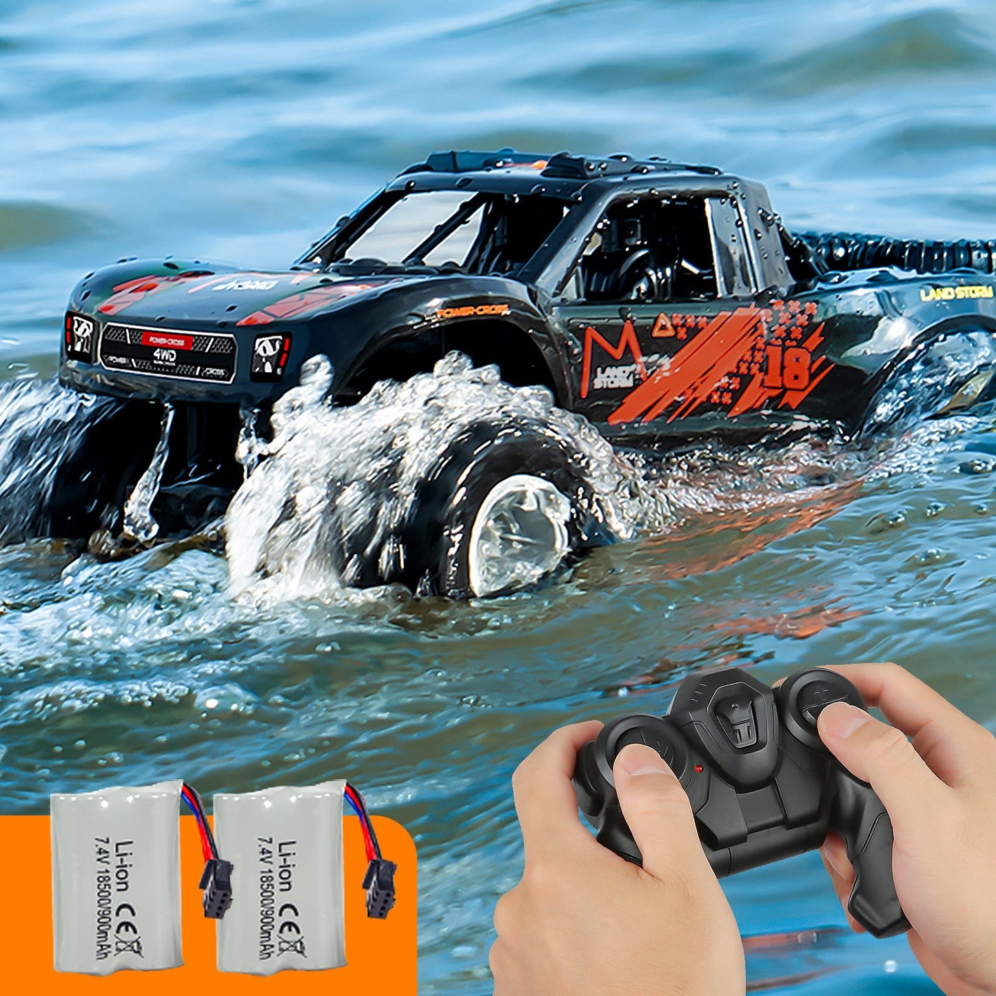Amphibious RC Car 1:16 Scale 4WD Waterproof Land & Water Remote Control Monster Truck – 2 Rechargeable Batteries, All-Terrain RC Truck for Boys Kids Ages 4+, Birthday Christmas Gift