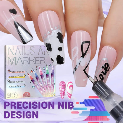 Nail Art Pens Set 12Pcs 0.5mm Ultra-Fine Tip Round Head Brush for DIY Nail Designs - Detailed Line Drawing & Nail Decoration Tools for Beginners and Professionals