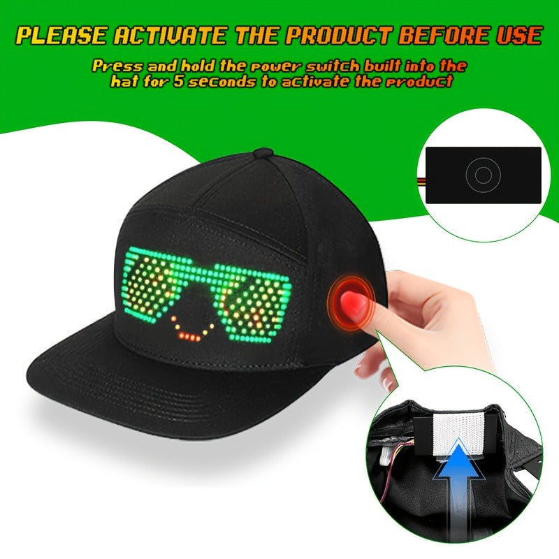 Programmable LED Hat with APP Control – Custom Text, Animation & Graffiti Display, USB Rechargeable, Adjustable Fit for Men & Women, Glowing Light-Up Cap for Party, Festival, Wedding & Carnival