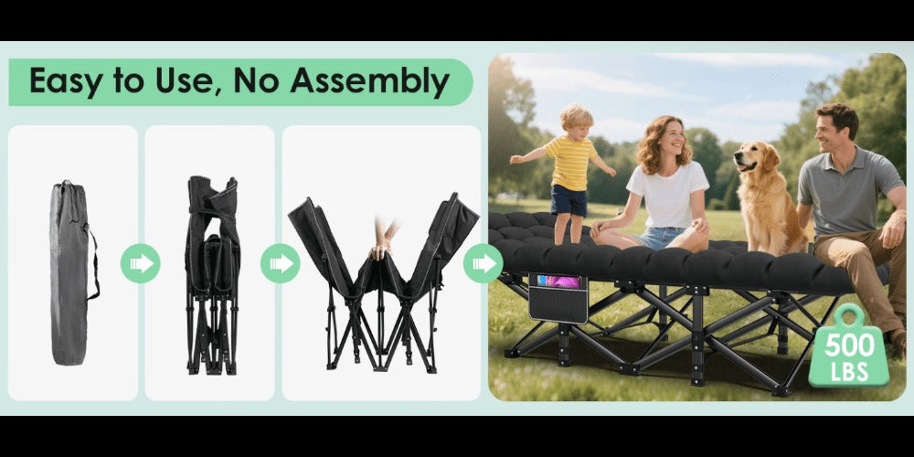 Folding Camping Cot Bed for Adults – Heavy Duty Double Layer Oxford Portable Camp Cot with Soft Pad & Carry Bag for Camping, Beach, Travel & Napping, 450/550/650 LBS Capacity Options