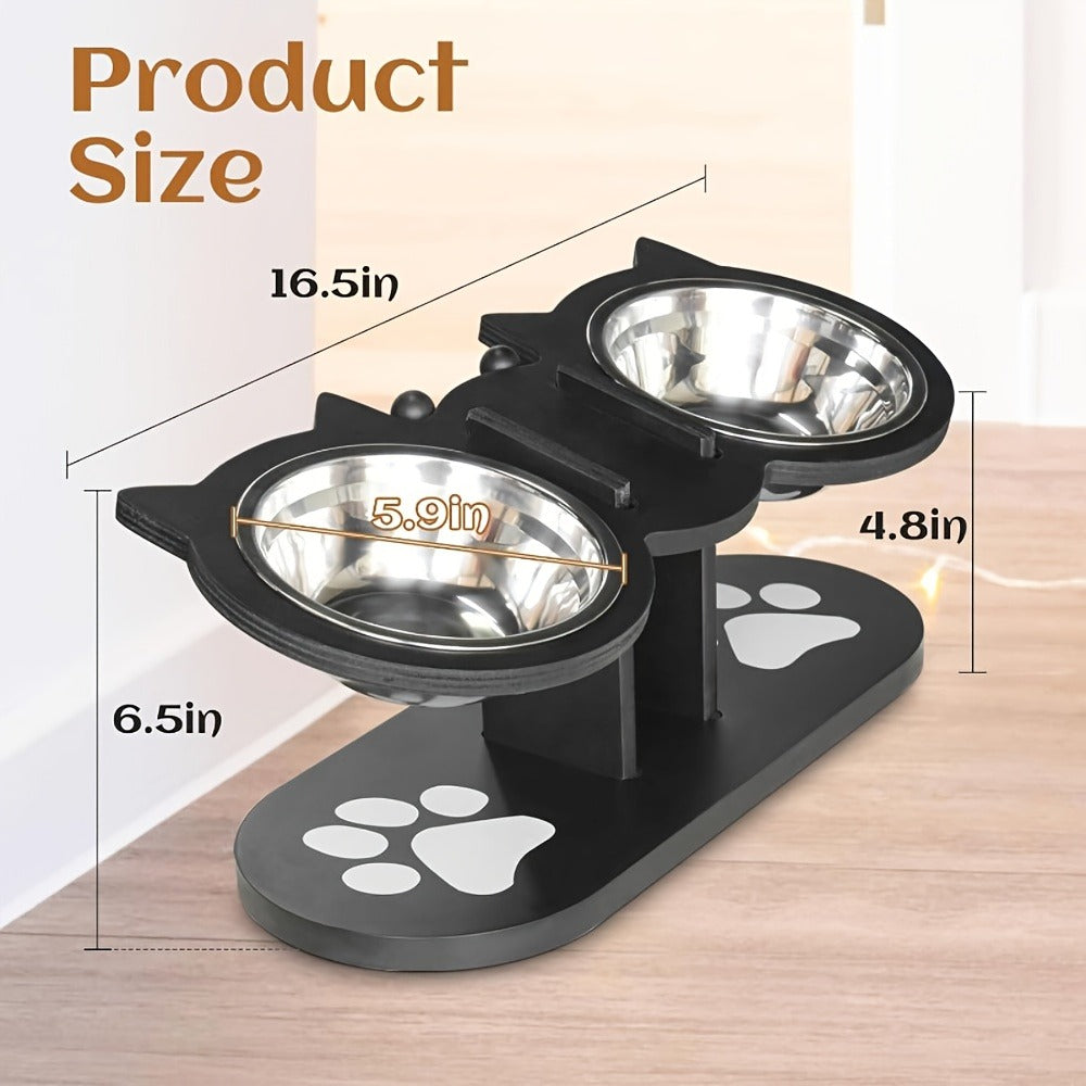 Elevated Cat Bowl Stand with Tilted Stainless Steel Bowls - Adjustable Raised Feeder, Anti-Spill, Black Wood Base for Cats & Small Dogs